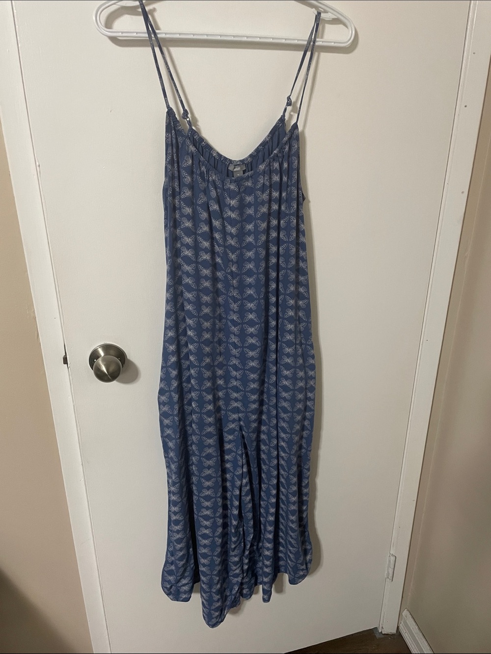 Aerie Blue Butterfly Print Cropped Spaghetti Strap Romper Size Medium